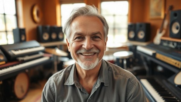 Middle-aged man in music studio enjoying local events in Michigan.