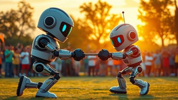 Cartoon robots 'AI' and 'CHAT' in tug-of-war, illustrating end of subsidized AI models.