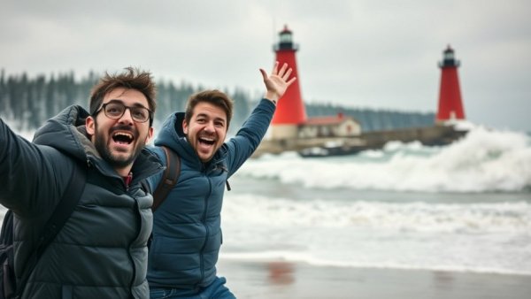 Men exploring Michigan's coast and Upper Peninsula in winter, highlighting travel tips.