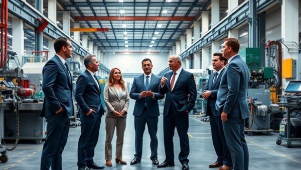 Professionals discussing work in a Michigan manufacturing facility.