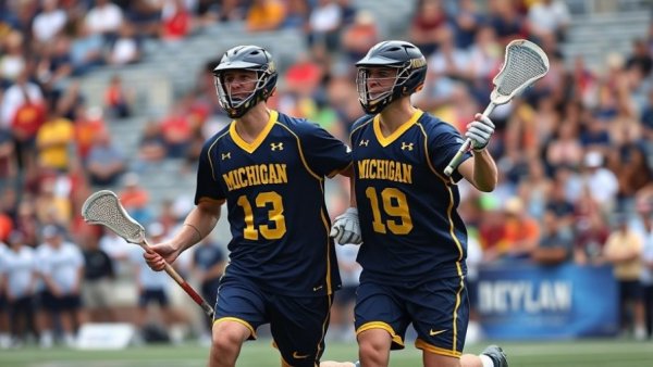 Michigan lacrosse players celebrating during a game outdoors.