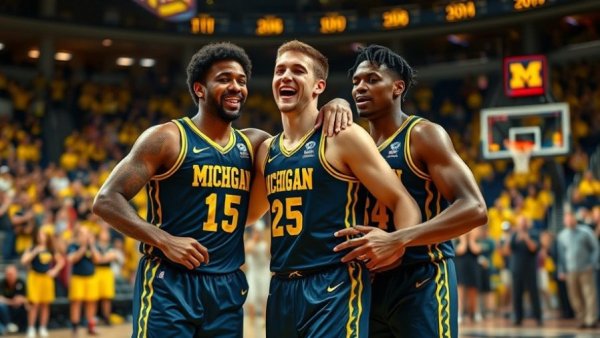 Michigan basketball players celebrate victory on court.