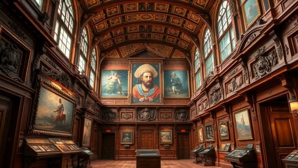 Historical exhibits in an ornate museum section showcasing Michigan history.