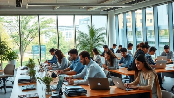 Students collaborating in a Yale University workspace with laptops.
