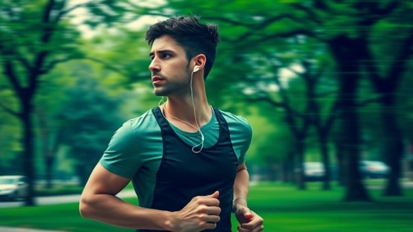 Michigan entrepreneur jogging for wellness habits, vibrant green overlay.