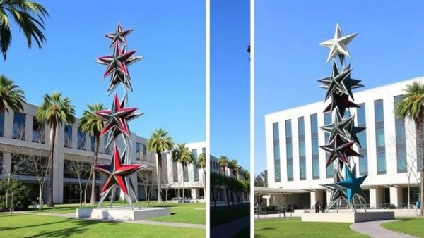 Photos of Frank Stella sculpture Stacked Stars installed outside MOCA