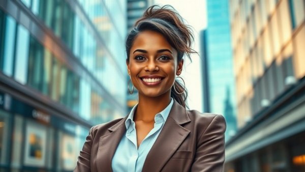 Confident woman smiling in urban setting, rental property oversight services.