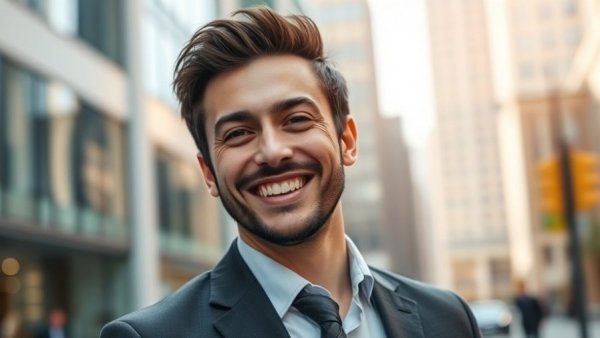 Professional man in suit smiling, urban background.