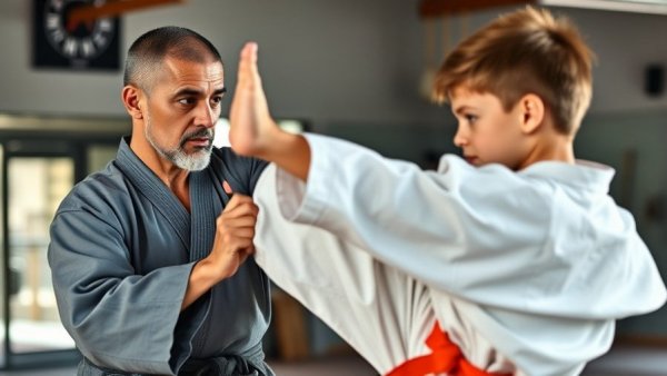 Martial arts instructor and student practicing high kick in dojo