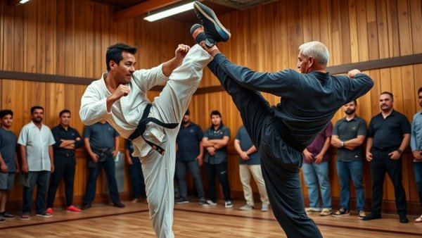 Martial artists practicing a high kick in a Gurnee class studio.