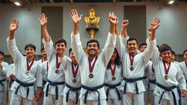 Karate champions celebrate with medals at RGU Karate Championships.