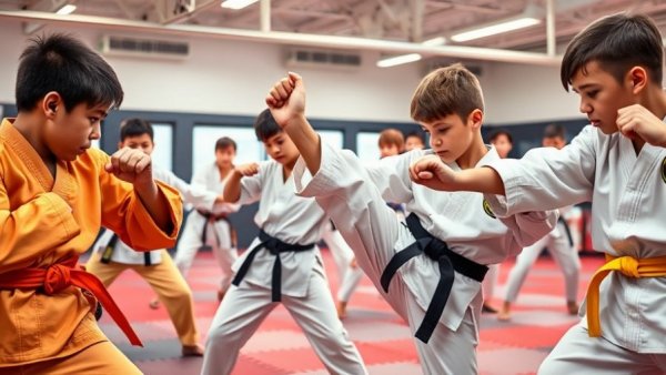 Martial arts students practicing at youth combat training school in Gurnee.