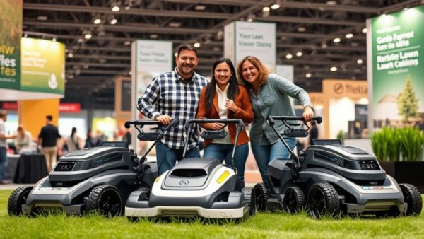Family presenting advanced AI lawn care solutions with robotic mowers.