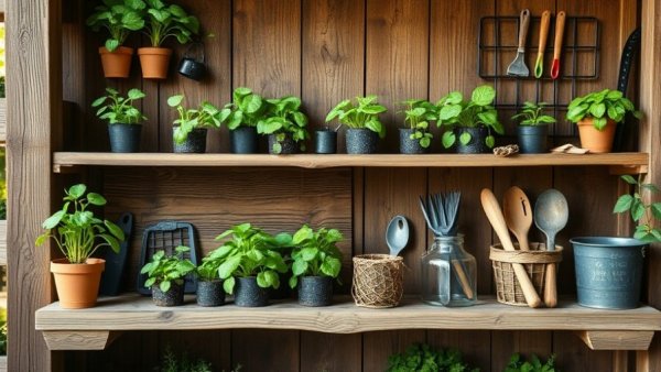 Start a backyard planting box in Muskegon: seedlings and tools on shelves.