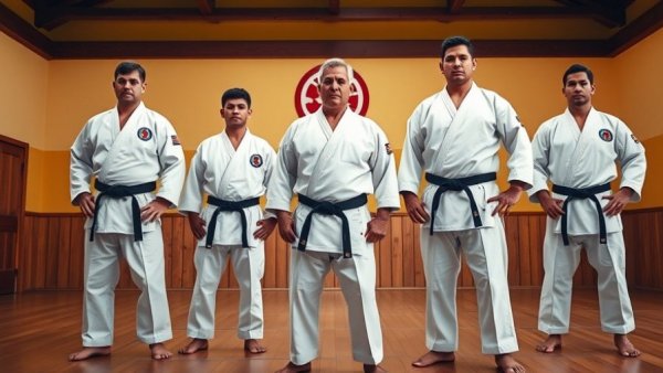 Karate practitioners standing focused in Renshusei Karate dojo.