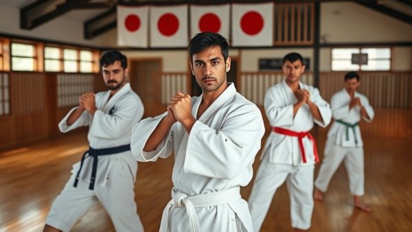 Karate practitioners demonstrating traditional techniques in a dojo.