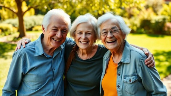 Three retirees enjoying a sunny day together in a garden.