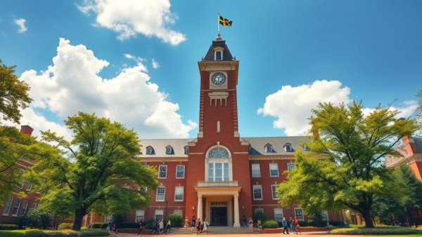 Stately Michigan university building with students and flag.