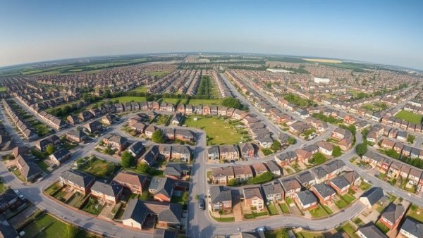 Aerial view of Michigan suburban neighborhood illustrating zoning reform.