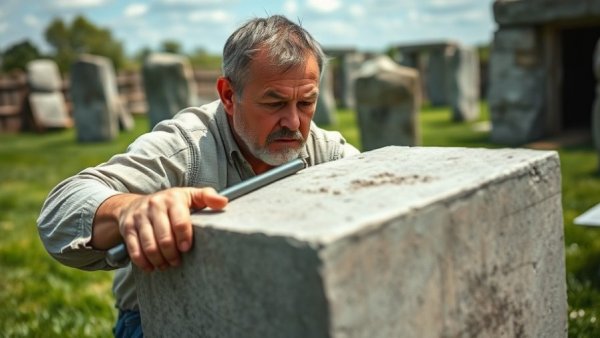 Man constructing Stonehenge replica in Michigan backyard with concrete block.