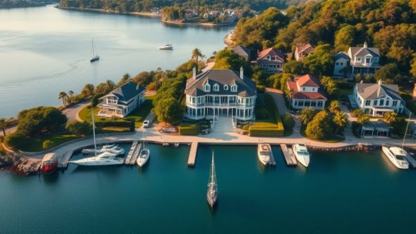 Scenic view of million dollar homes for sale in Michigan by water.
