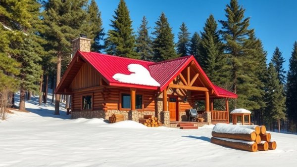 Rustic cabin with red roof surrounded by snowy forest, Michigan homes for sale.