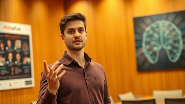 Young man presenting in front of AI poster in conference room.