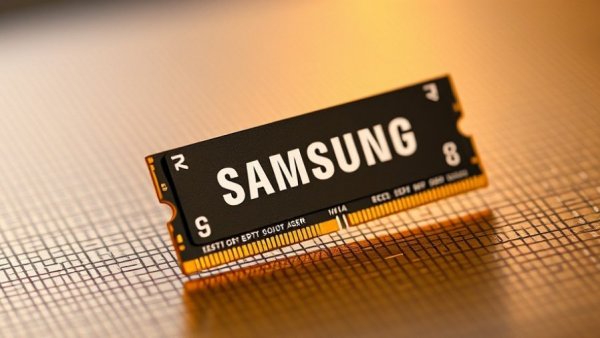 Samsung memory chips on a golden patterned surface indicating profitability.
