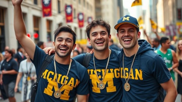 Michigan basketball title parade celebration with joyful young men
