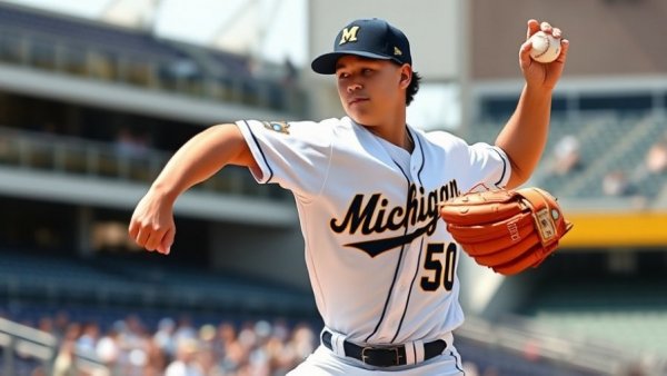 Michigan baseball pitcher in action during a rivalry series game.