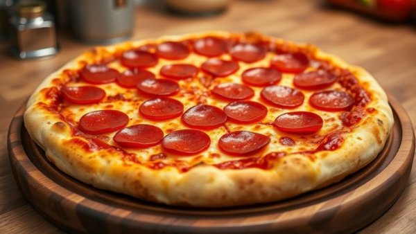 Detroit-style pepperoni pizza on wooden platter.