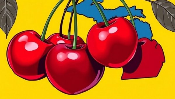 Pop art cherries with Michigan map outlines; culinary scene recognition.