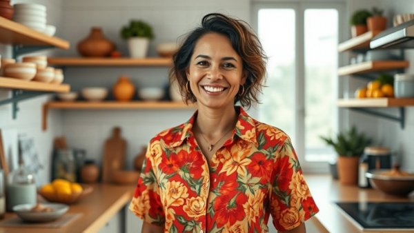 Cheerful woman in Traverse City kitchen, vibrant culinary scene.