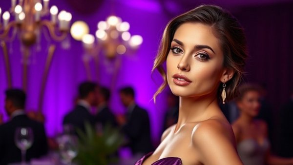 Confident woman at high-profile event in elegant black dress.