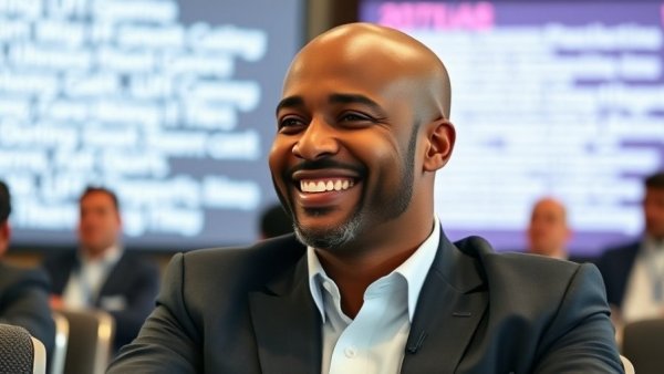 Bald man in a suit at a conference; Michigan entrepreneur success stories.