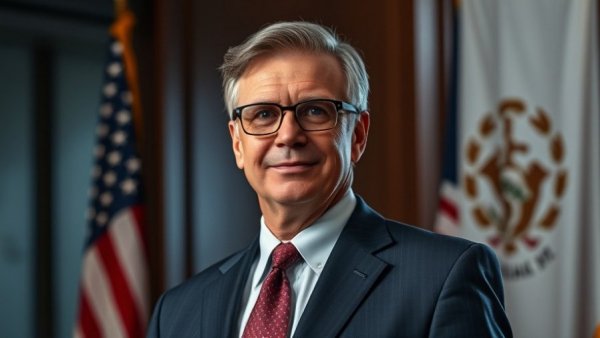 Professional man standing in front of flags, Indiana focus.