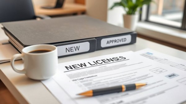 Mountain Home new business licenses organized on desk with coffee.