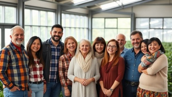 Diverse group at Michigan agriculture center, smiling.