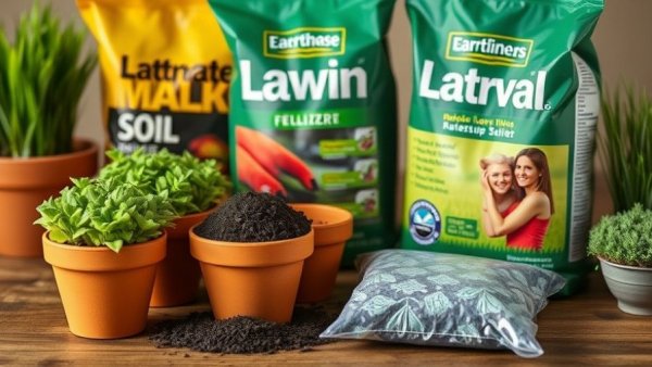 Spring lawn care products including fertilizer and soil on display, Shelby MI.