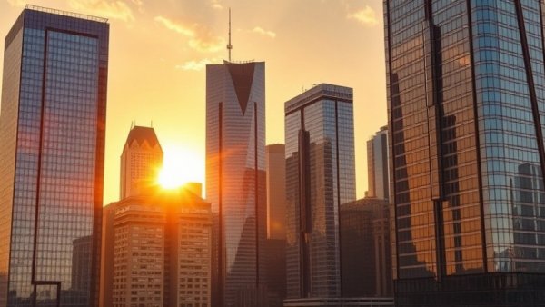 Sunlit skyscrapers reflecting sunset in urban skyline, rental property oversight services.