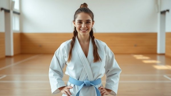 Karate student in a gym smiling, showcasing karate classes Gurnee.