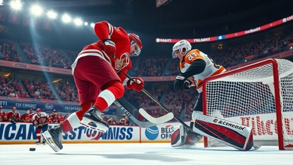 Red Wings playoff scenarios in action-packed hockey scene.