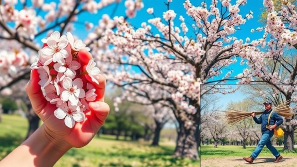 Cherry blossoms in Central Park bloom season with gardeners.