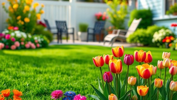Vibrant garden scene with lush lawn and colorful tulips.