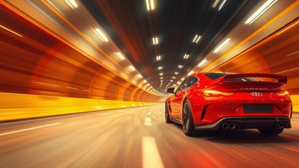 Dynamic scene of a red car on a futuristic highway, Michigan transportation construction updates.