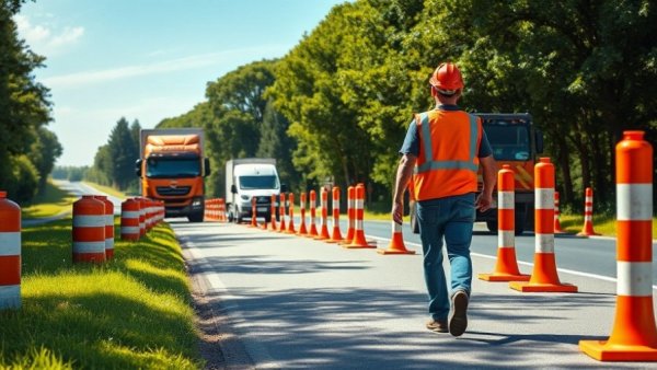 Michigan roadwork and highway projects with worker and barriers.