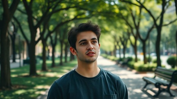 Young man in a Chesterfield park discussing housing market
