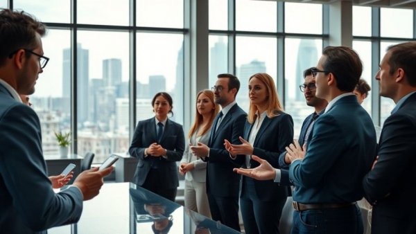 Professionals discussing AI's return on investment in a modern office.