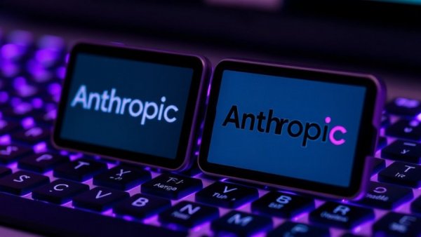 Close-up of devices with Anthropic branding on a glowing keyboard.