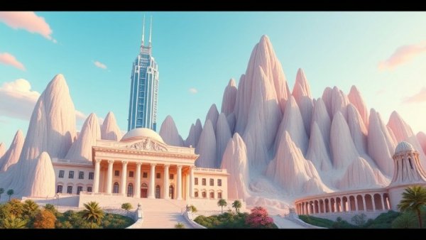 Surreal architectural scene with a neo-classical building and modern skyscrapers, illustrating dynamic contrasts and vibrant trends, aligning with Michigan chapter chasing trend.